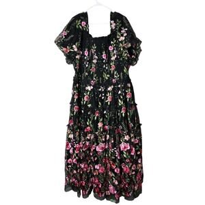 Jessakae Rose Midi Dress Plus Size 4XL Black Pink Green Floral Tiered Smocked